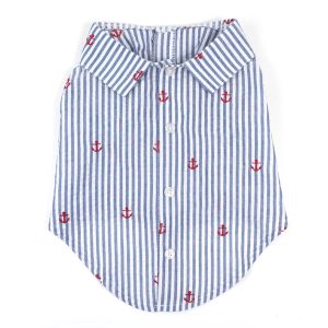 Navy Stripe Blue & White with Red Anchors Collared Dog Shirt
