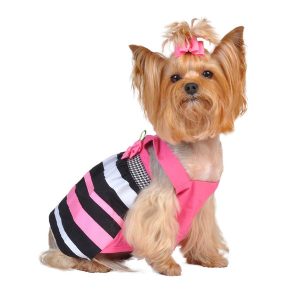 Pink Ribbon Houndstooth Striped Design with Rosette Ribbon Adornment Dog Dress