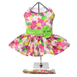 Pink Hawaiian Floral Dog Dress w/ Leash & D-Ring