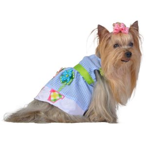 Blue Flower Pot Gingham with Polka Dot Dog Dress - XS available