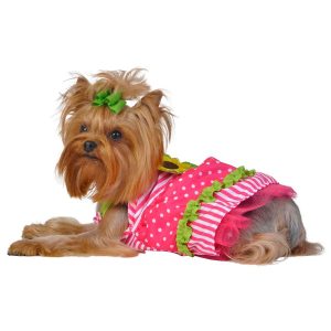 Babydoll Sunflower Pink & Green with Polka Dots and Stripes Dog Dress