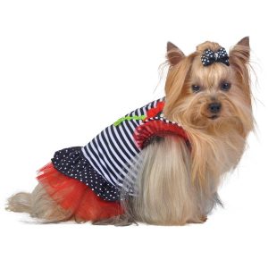 Striped with Red Tulle Drop Waist Flower & Polka Dot Dog Dress