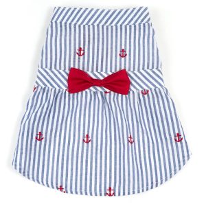 Navy Blue Stripe with Red Anchors and Red Bow Dog Dress