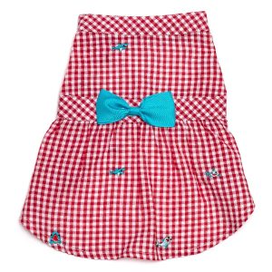 Gingham Red & White Check with Teal Blue Bow Embroidered Sharks Chomp Dog Dress