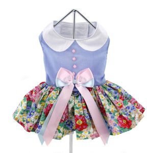 Blue & White Pastel Pearls Floral Dog Harness Dress w/Matching Leash