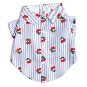 Cherries Striped Blue & White Collared Dog Shirt