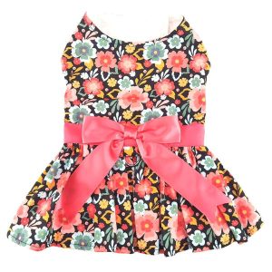 Blooming Blue and Peach Floral Dog Harness Dress with Matching Leash