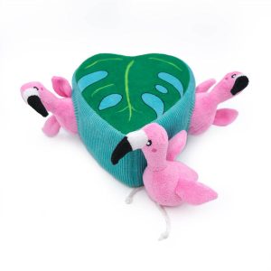 Flamingos in Monstera Green Leaf Burrow Plush Dog Toy Set - 4 Pc