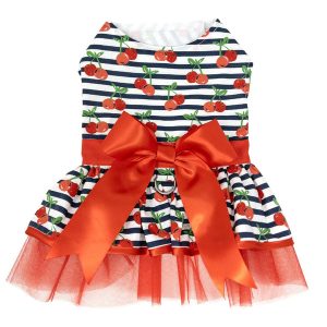 Cherry Stripe Dog Harness Dress w/ Matching Leash