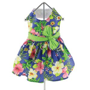 Blue Lagoon Hawaiian Hibiscus Dog Harness Dress w/ Matching Leash & D-Ring