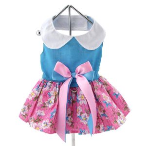 Pink and Blue Plumeria Floral Dog Harness Dress w/ Matching Leash